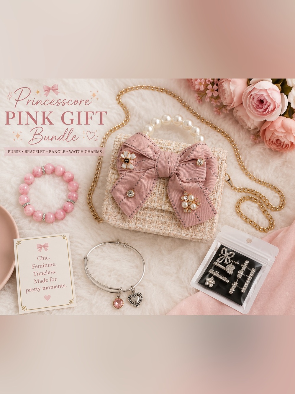 Princesscore Pink Tweed Purse Bundle Pearl Handle Bow Bag Bracelet Gift Set